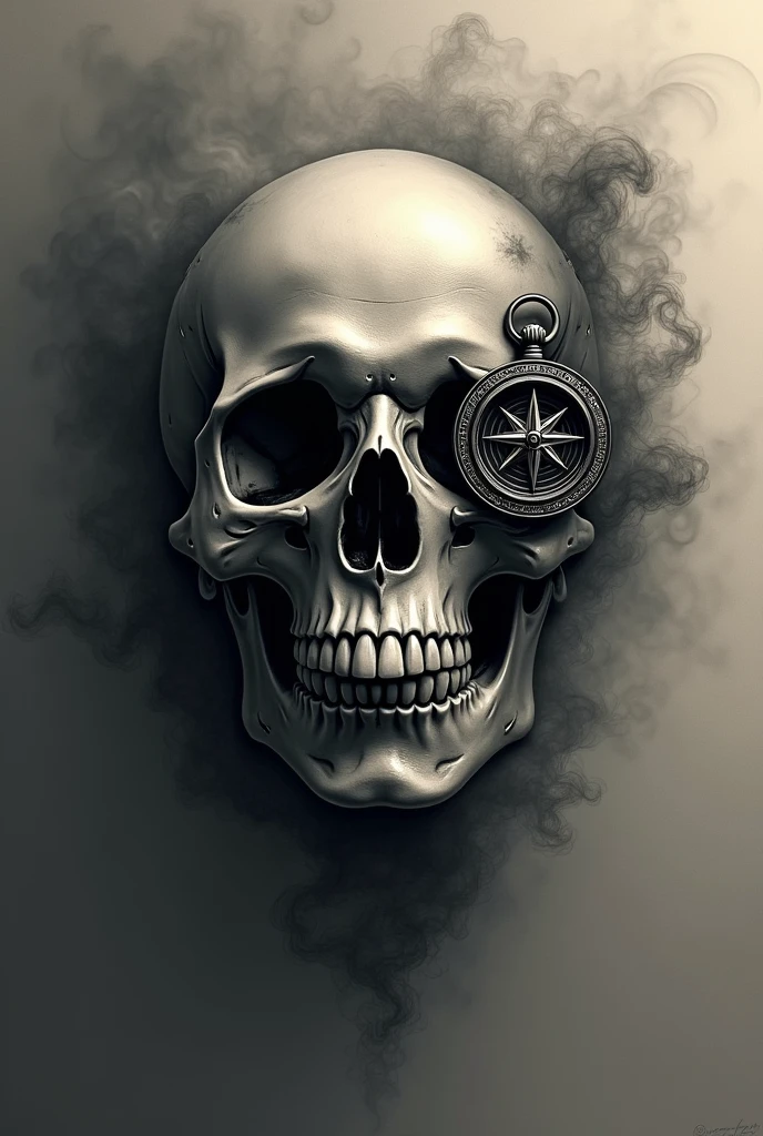 Create a smoky skull tattoo, with the right eye that is a compass 