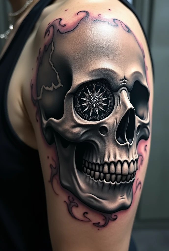 Create a smoky skull tattoo, with the right eye that is a compass
