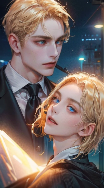 (best quality,4k,8k,highres,masterpiece:1.2),ultra-detailed,(realistic,photorealistic,photo-realistic:1.37),1 man,31 years old,mature man,very handsome,without expression,smile,short golden hair,blue eyes,penetrating gaze,perfect face without errors,imposing posture,businessman,office background,cinematic lighting,hdr image