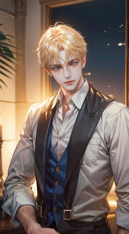 (best quality,4k,8k,highres,masterpiece:1.2),ultra-detailed,(realistic,photorealistic,photo-realistic:1.37),1 man,31 years old,mature man,very handsome,without expression,smile,short golden hair,blue eyes,penetrating gaze,perfect face without errors,imposing posture,businessman,office background,cinematic lighting,hdr image