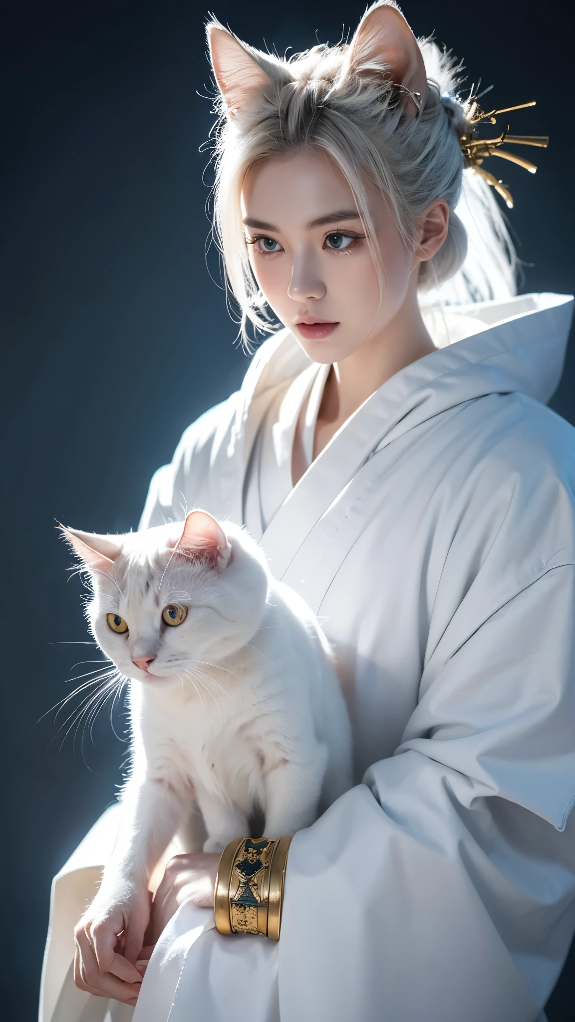 a white samurai cat, extremely divine. Quality 4K