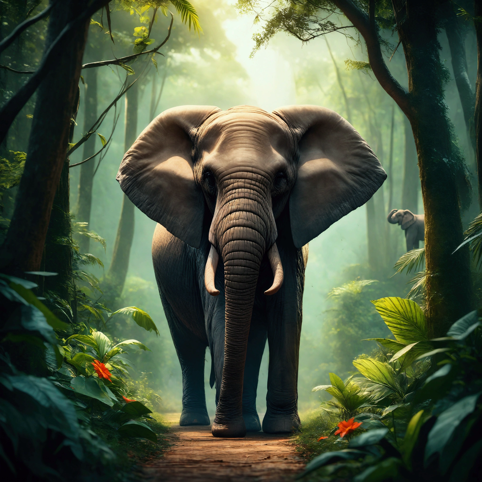 there is a large elephant standing in the middle of a forest, beautiful digital artwork, african elephants in the jungle, digital painting highly detailed, highly detailed digital artwork, ultra realistic 3d illustration, very beautiful digital art, digital art animal photo, extremely detailed digital art, 4k highly detailed digital art, on forest jungle path, beautiful digital art, highly detailed digital painting