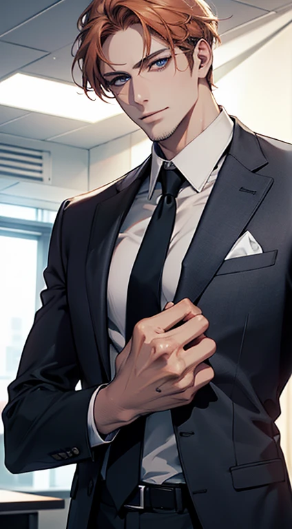 (best quality,4k,8k,highres,masterpiece:1.2),ultra-detailed,(realistic,photorealistic,photo-realistic:1.37),1 man,31 years old,mature man,very handsome,without expression,smile,short grey b
Orange hair,blue eyes,penetrating gaze,perfect face without errors,imposing posture,businessman,office background,cinematic lighting,hdr image