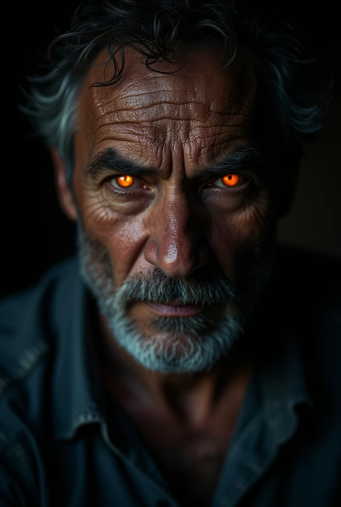 The face of a man tired of being mistreated, with eyes the color of fire.