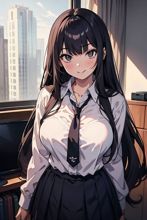 One person, Long Hair, Half-up hairstyle, Asymmetrical bangs, Large Breasts, smile, Droopy eyes, Brooding face, Perspective, high school uniform,Anime Style, Sexy Body,