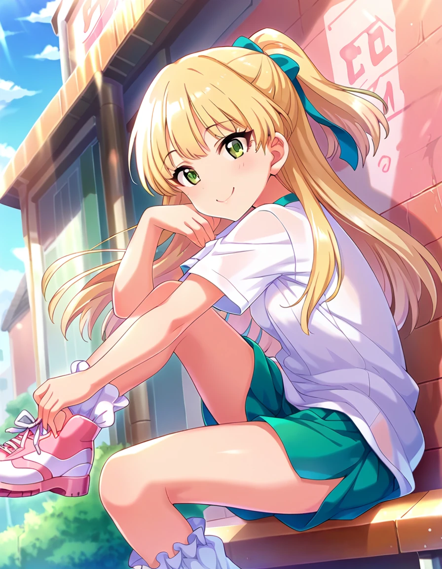 score_9, score_8_superior, score_7_superior, sauce_anime,
evaluation_Sensitive, Sexually suggestive,
One person, alone, smile, Joyful, 
Outdoor, Sunbeam,
 sorry, Long Hair, Blonde,   one side superior,  Hair Ribbon, Green Eyes,Small breasts, 
Gym suit, White gym shirt, Untucked shirt,  Bloomers, socks, sneakers, Thighs, Showing off her ass，
Detailed eyes,