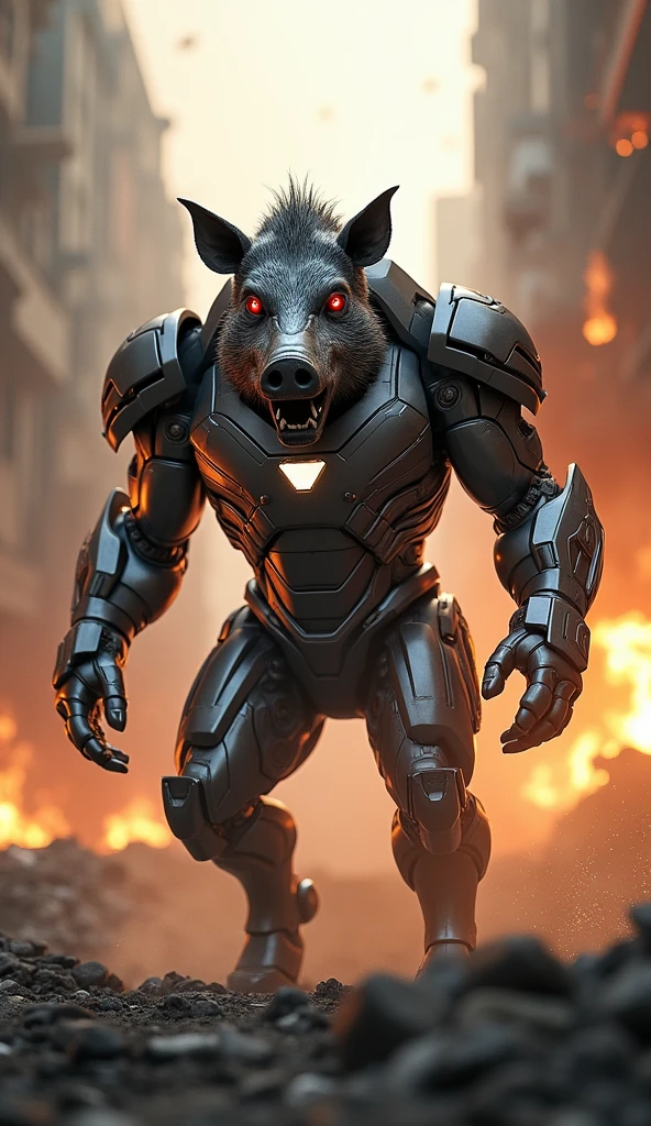 Photo d'action, Realistic digital photo, A personified Iron Man boar, enraged, armure, uhd, 8k, Impressive details.