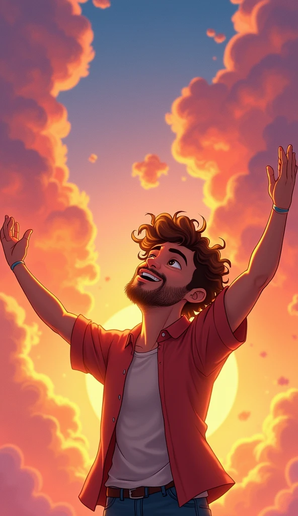 Pixar style drawing of a man praying with his hands outstretched to the sky