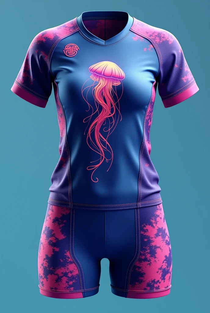 Design a uniform for a women's sports team called Medusa with blue, purple, and pink colors. I would love it to have a jellyfish.