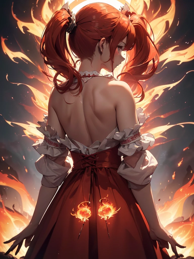 (((best quality, sharp image, clear image, cinematic lighting, 8k resolution, masterpiece, ultra detailed, intricate))) Girl, (((looking over right shoulder))), (shot from behind), ((half shot)), fiery red hair, pigtails, (white dress), ((flaming sigils, flaming runes)), spiky rock formations, flaming lotus flowers, busy background, (swirling flames).