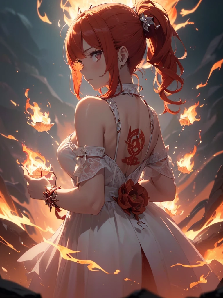 (((best quality, sharp image, clear image, cinematic lighting, 8k resolution, masterpiece, ultra detailed, intricate))) Girl, (((looking over right shoulder))), (shot from behind), ((half shot)), fiery red hair, pigtails, (white dress), ((flaming sigils, flaming runes)), spiky rock formations, flaming lotus flowers, busy background, (swirling flames).