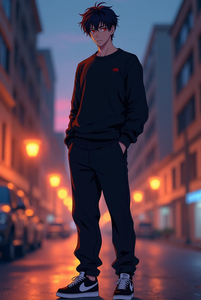 1guy, anime, male, dark red eyes, handsome guy, with black sweater and long pants, Nike sneakers, standing, emotionless, fair skin tone