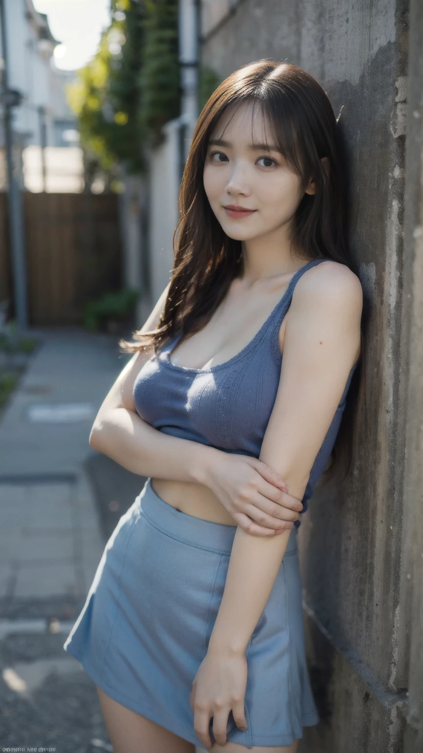 ((1girl)), woman, masterpiece, best quality, highest quality, cinematic lighting, (volumetric lighting), extremely detailed CG unity 8k wallpaper, focused, 8k wallpaper, extremely detailed, ultra realistic, photorealistic, sharp focus, absurdres, (HDR:1.2), (high contrast), photograph, detailed and intricate, instagram, portrait, highly detailed, digital painting, artstation, concept art, smooth, sharp focus, illustration, cinematic lighting, (big breast:1.2), (((skinny, slim legs))), (japanese idol posture), (knit strap tanktop, mini skirt, open shoulder, open chest, cleavage), looking at the viewer, ((thight)), ((Medium body shot, hips level shot)), long hair, ((leaning on a wall)), beautiful eyes, smile