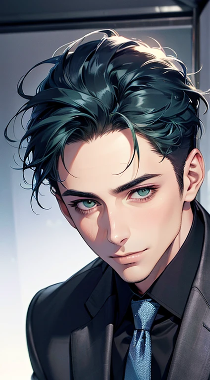 (Highest quality,4K,8K,High resolution,masterpiece:1.2),Super detailed,(Realistic,photoRealistic,photo-Realistic:1.37),1 person,34 years old,Mature Men,Beautiful skin、very handsome,Expressionless smile in love,Short blue hair,green eyes,Sharp Eyes,A perfect face without a doubt,Businessman, CEO, Office Background,Cinema Lighting,HDR image,tie、