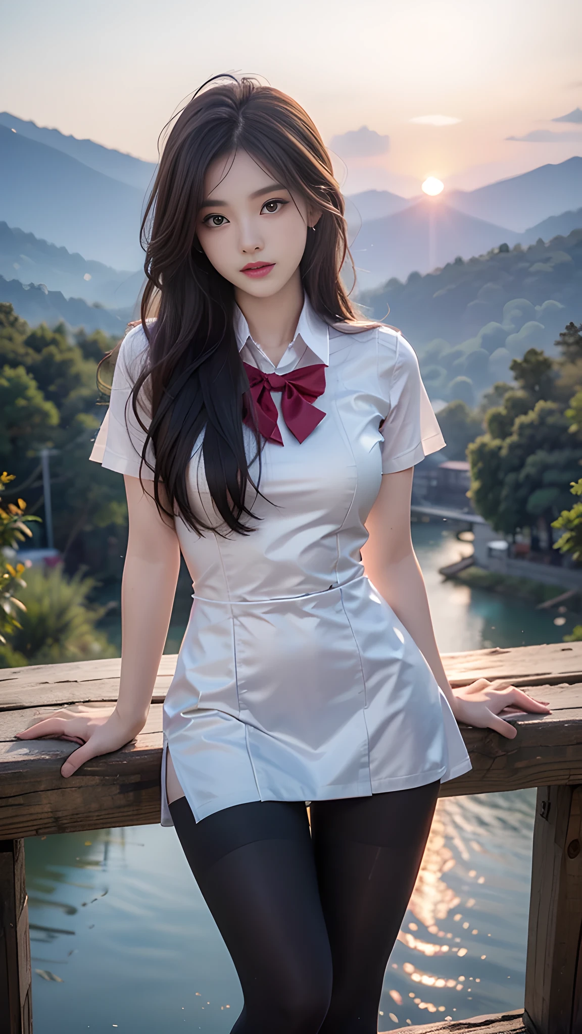 ulzzang-6500-v1.1, (RAW photo: 1.2), (Real photo), (Real photo: 1.4), 1 girl、Perfect anatomy、19 years old、Looking at the camera、Medium length hair、Uniform dress, watching the sunset, ((in the mountains: 1.1))、(Hyperrealistic tights: 1.2), (Business service)、Asian eyes Ella,