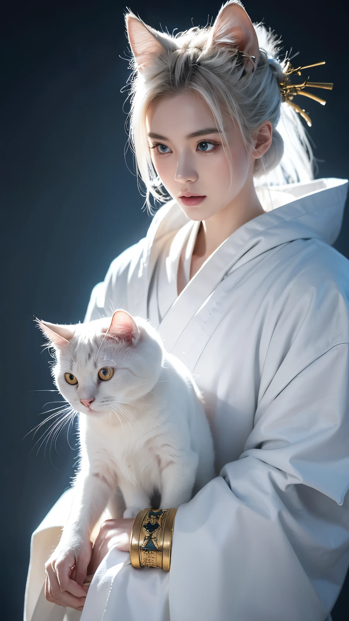 a white samurai cat, extremely divine. Quality 4K