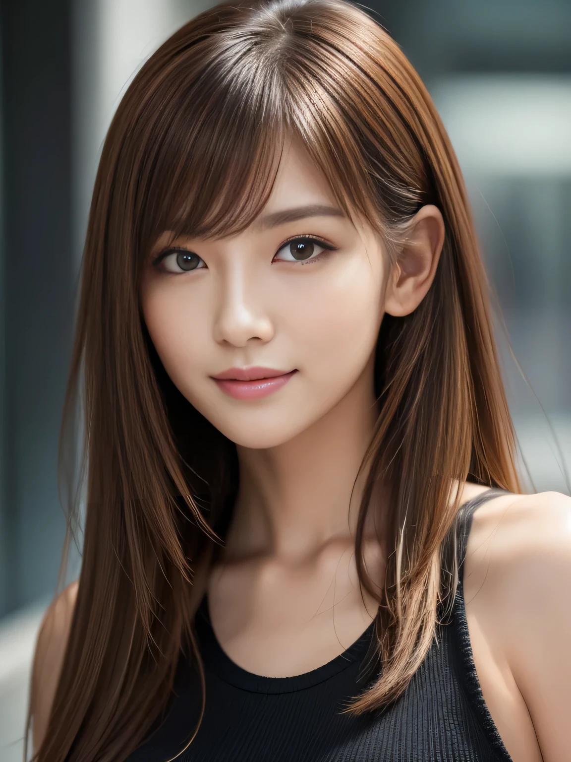 masterpiece, best quality, ultra-detailed, intricately detailed hyperdetailed, realistic, sharp features, highly detailed, sharp focus, Realistic, Photorealistic:1.3, (:1.5), perfect face, perfect symmetrically eyes, perfect full lips, hyper detailed, hyper realistic, high resolution, Fashion Model, Japanese Idol, Slender, brown hair, Stylish, model poses, Beautiful Face, light brown hair, messy hair, asymmetrical bangs, (seductive smile:1.2), (looking at viewer), cinematic lighting, grey background, (Black knit:1.2), portrait