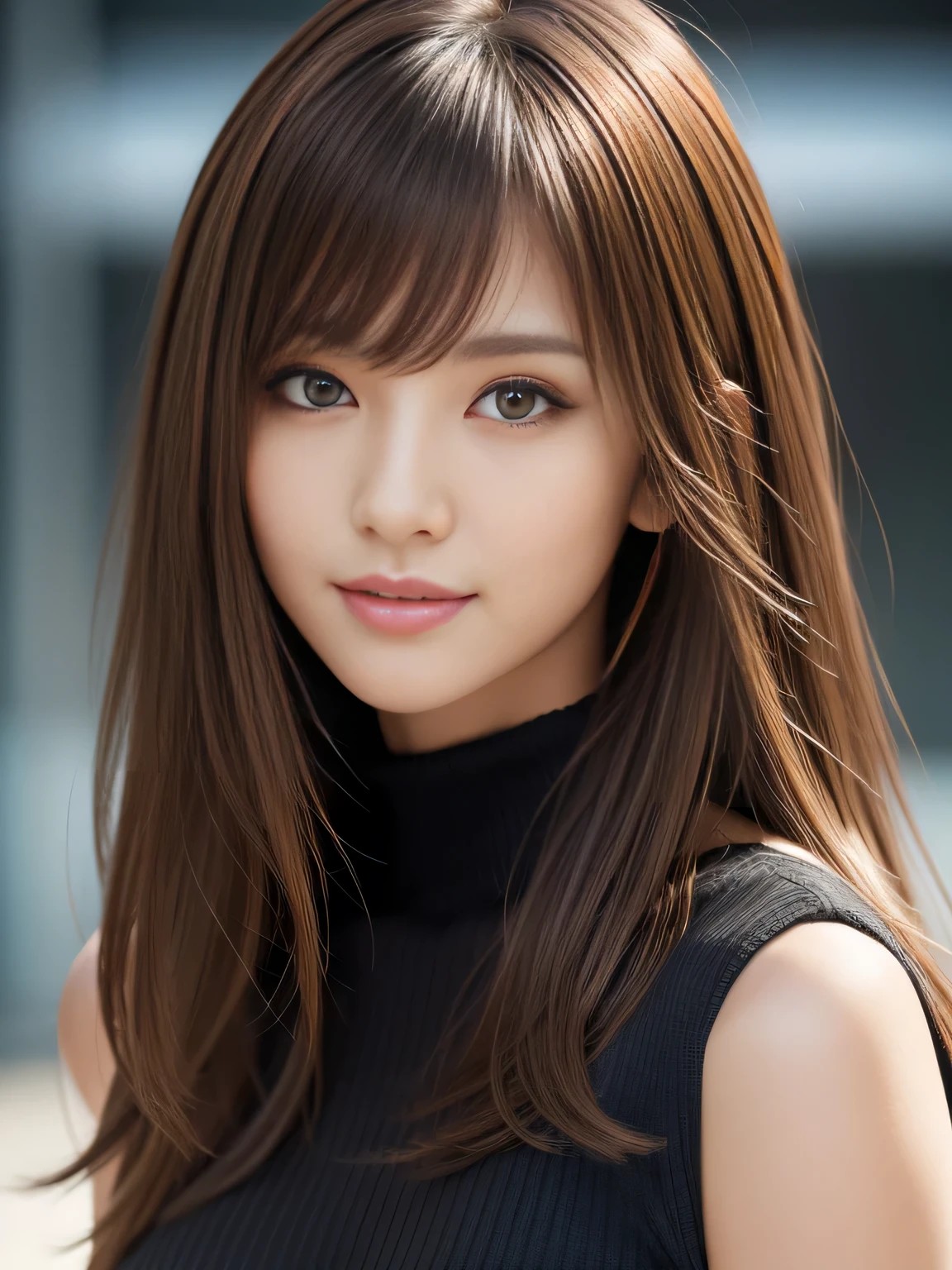 masterpiece, best quality, ultra-detailed, intricately detailed hyperdetailed, realistic, sharp features, highly detailed, sharp focus, Realistic, Photorealistic:1.3, (:1.5), perfect face, perfect symmetrically eyes, perfect full lips, hyper detailed, hyper realistic, high resolution, Fashion Model, Japanese Idol, Slender, brown hair, Stylish, model poses, Beautiful Face, light brown hair, messy hair, asymmetrical bangs, (seductive smile:1.2), (looking at viewer), cinematic lighting, grey background, (Black knit:1.2), portrait