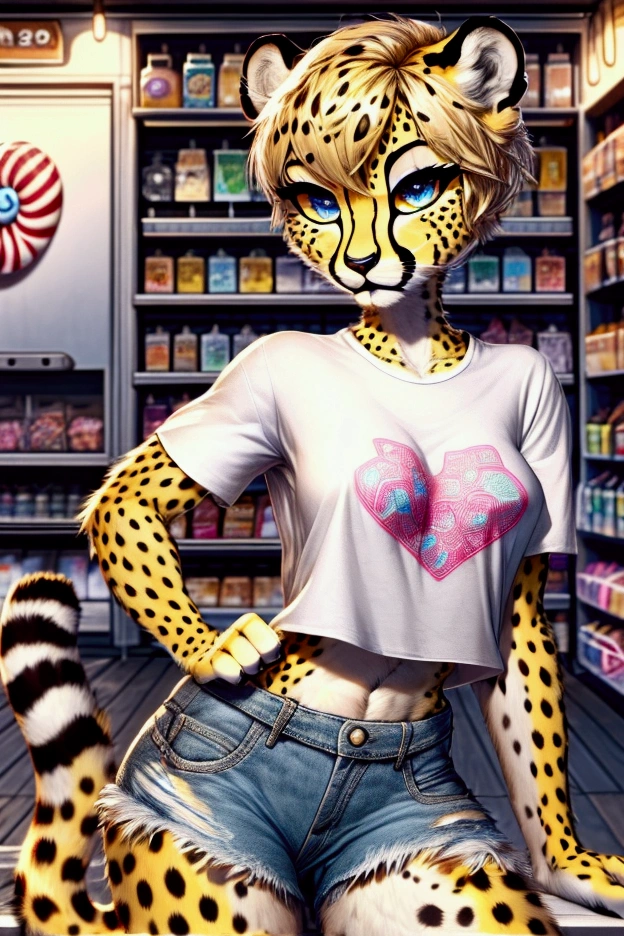 (((sfw))), masterpiece, top quality, best quality, highly detailed, 8k, super high resolution, absurdres, perfect anatomy, solo focus, ((highly detailed beautiful face and eyes)), (looking at the viewer, posing) ((anthro female cheetah, cheetah tail)), (adult), blonde hair, brown eyes, ((short hairstyle)), (muscular, slim figure, thick thighs, medium breasts, bare midriff), ((ripped denim shorts, white t-shirt with candy motif)), (convenience store)