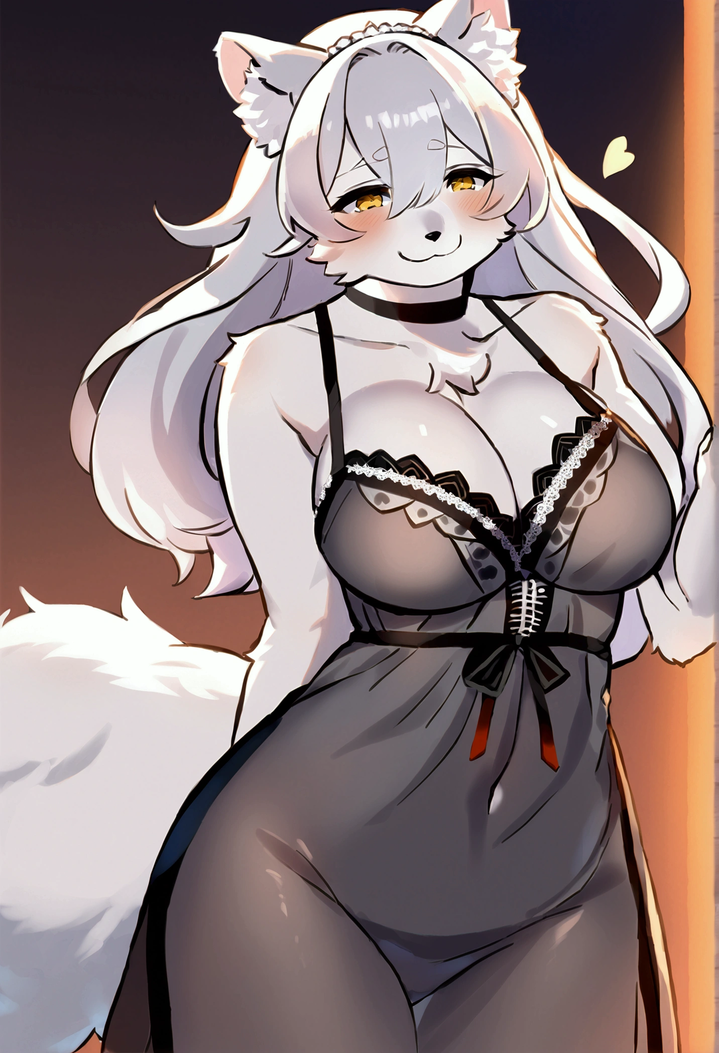 top quality, best quality, High-quality illustrations, masterpiece, 16k, 1080p, uploaded on e621)(kemono, furry, anthro, alone), round, 1 female, hot mother figure, very detailed body face and eyes, white ferret, Hanazono Chiyuki, (Sdorica), white fur, fluffy, big breasts, tail, perfect eyes, yellow eyes, nightgown, room, body movement, body twitching, shy smile, red blushing,