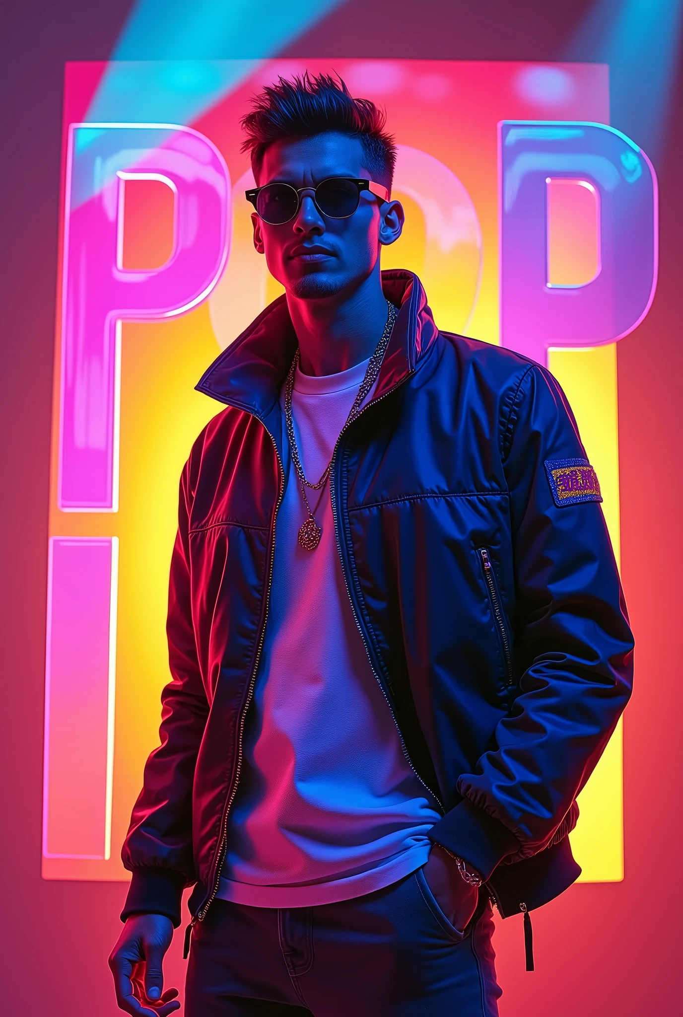 Design an album cover in a vibrant pop style featuring a male artist. The cover should be colorful and energetic, with bold typography and dynamic shapes. The background has a gradient of bright colors with a glowing effect. The male artist is positioned prominently in the center, dressed in trendy, modern pop fashion, possibly with neon accents or accessories. His pose is confident and charismatic, capturing the essence of pop music. The album title is displayed in a sleek, stylish font, complementing the overall upbeat and eye-catching design.