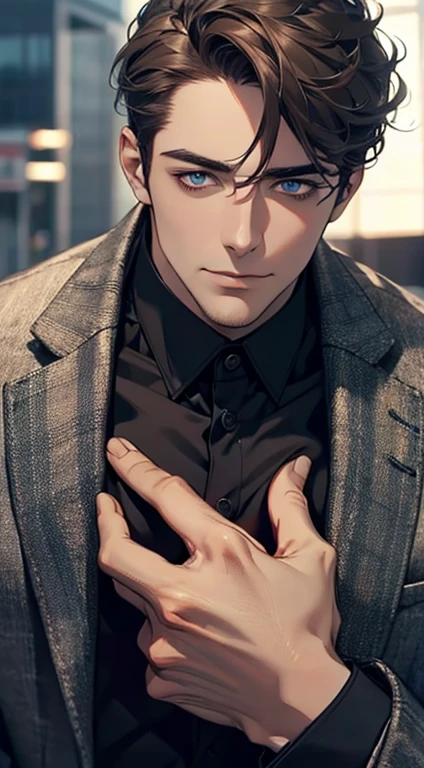 (best quality,4k,8k,highres,masterpiece:1.2),ultra-detailed,(realistic,photorealistic,photo-realistic:1.37),1 man,31 years old,mature man,very handsome,without expression,smile,short grey brown hair,blue eyes,penetrating gaze,perfect face without errors,imposing posture,businessman,office background,cinematic lighting,hdr image