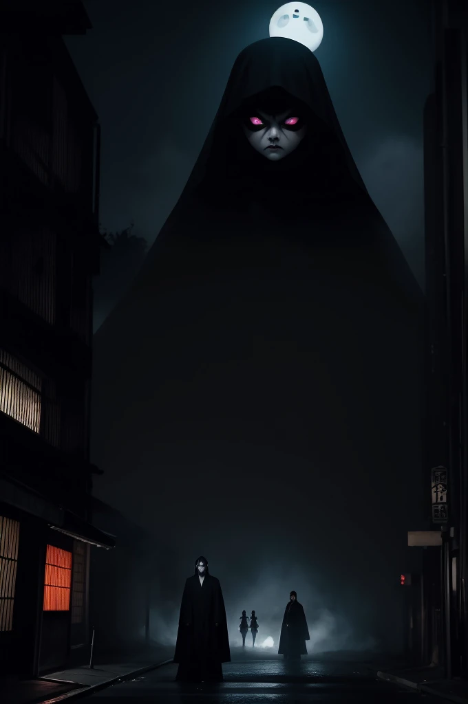 ghost men,black suits,独奏,dark hut,black eyes,(big eyes:1.2),horor,dark,curse,black hund,monster,dead,japanese horor style,hyper realistic,retro,1980s,break in the city,midnight,building,