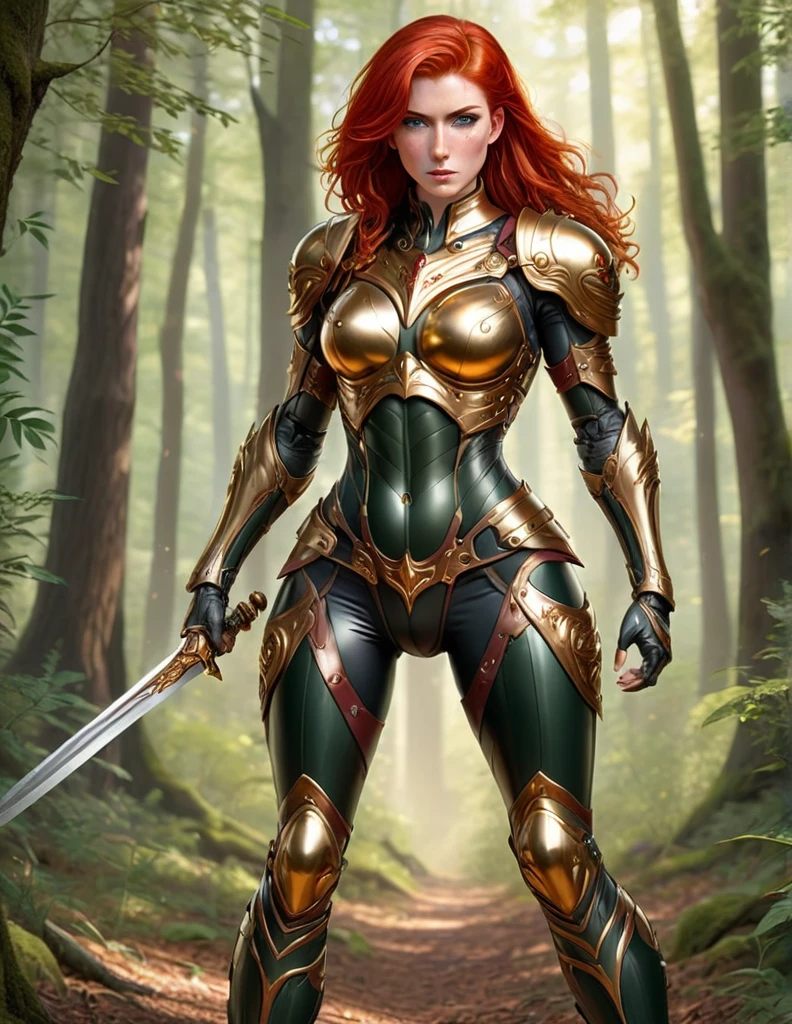 A tall and athletic woman with intense red hair and lively eyes. She wears an elegant and fluid armor decorated with golden details. She is 23 years old. She is standing in a forest background. She is shown in full body. She is drawn in anime style. She is wearing leather boots. She is wearing tight pants under the armor. She is not riding a horse. She is holding a sword in her right hand. She has a magical prosthesis on her right arm. The prosthesis is the whole arm and has a golden color. She is pregnant.