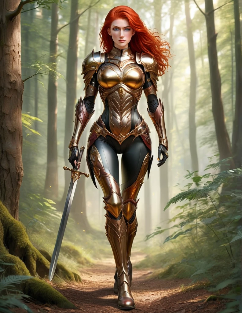 Chica Cyborg, Dirty Harry, Warrior queen, Dr Tubaksack, Cyborg, Full body, forest, heroes, D&D, fantasy, intricate, elegant, highly detailed, digital painting, artstation, octane render, midday, concept art, matte, sharp focus, illustration, full body, rule of thirds, art by James Gurney and artgerm