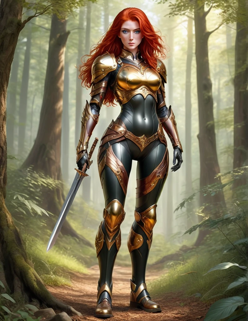 A tall and athletic woman with intense red hair and lively eyes. She wears an elegant and fluid armor decorated with golden details. She is 23 years old. She is standing in a forest background. She is shown in full body. She is drawn in anime style. She is wearing leather boots. She is wearing tight pants under the armor. She is not riding a horse. She is holding a sword in her right hand. She has a magical prosthesis on her right arm. The prosthesis is the whole arm and has a golden color. She is pregnant.