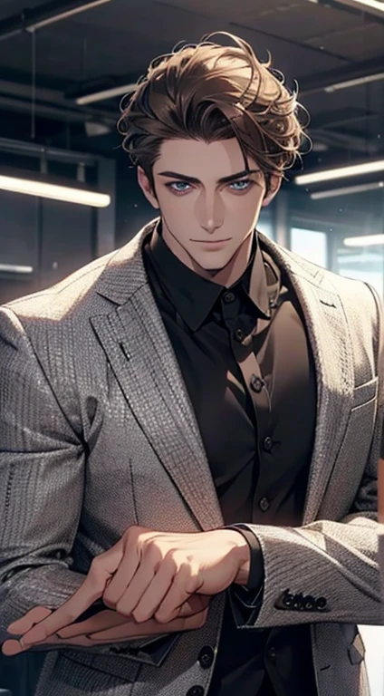 (best quality,4k,8k,highres,masterpiece:1.2),ultra-detailed,(realistic,photorealistic,photo-realistic:1.37),1 man,31 years old,mature man,very handsome,without expression,smile,short grey brown hair,blue eyes,penetrating gaze,perfect face without errors,imposing posture,businessman,office background,cinematic lighting,hdr image