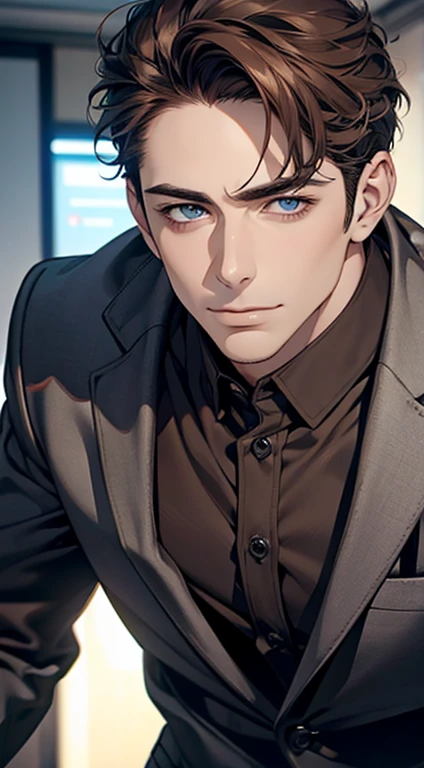 (best quality,4k,8k,highres,masterpiece:1.2),ultra-detailed,(realistic,photorealistic,photo-realistic:1.37),1 man,31 years old,mature man,very handsome,without expression,smile,short grey brown hair,blue eyes,penetrating gaze,perfect face without errors,imposing posture,businessman,office background,cinematic lighting,hdr image