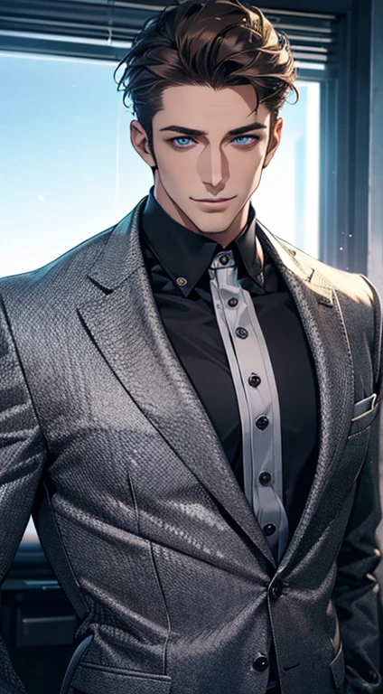 (best quality,4k,8k,highres,masterpiece:1.2),ultra-detailed,(realistic,photorealistic,photo-realistic:1.37),1 man,31 years old,mature man,very handsome,without expression,smile,short grey brown hair,blue eyes,penetrating gaze,perfect face without errors,imposing posture,businessman,office background,cinematic lighting,hdr image