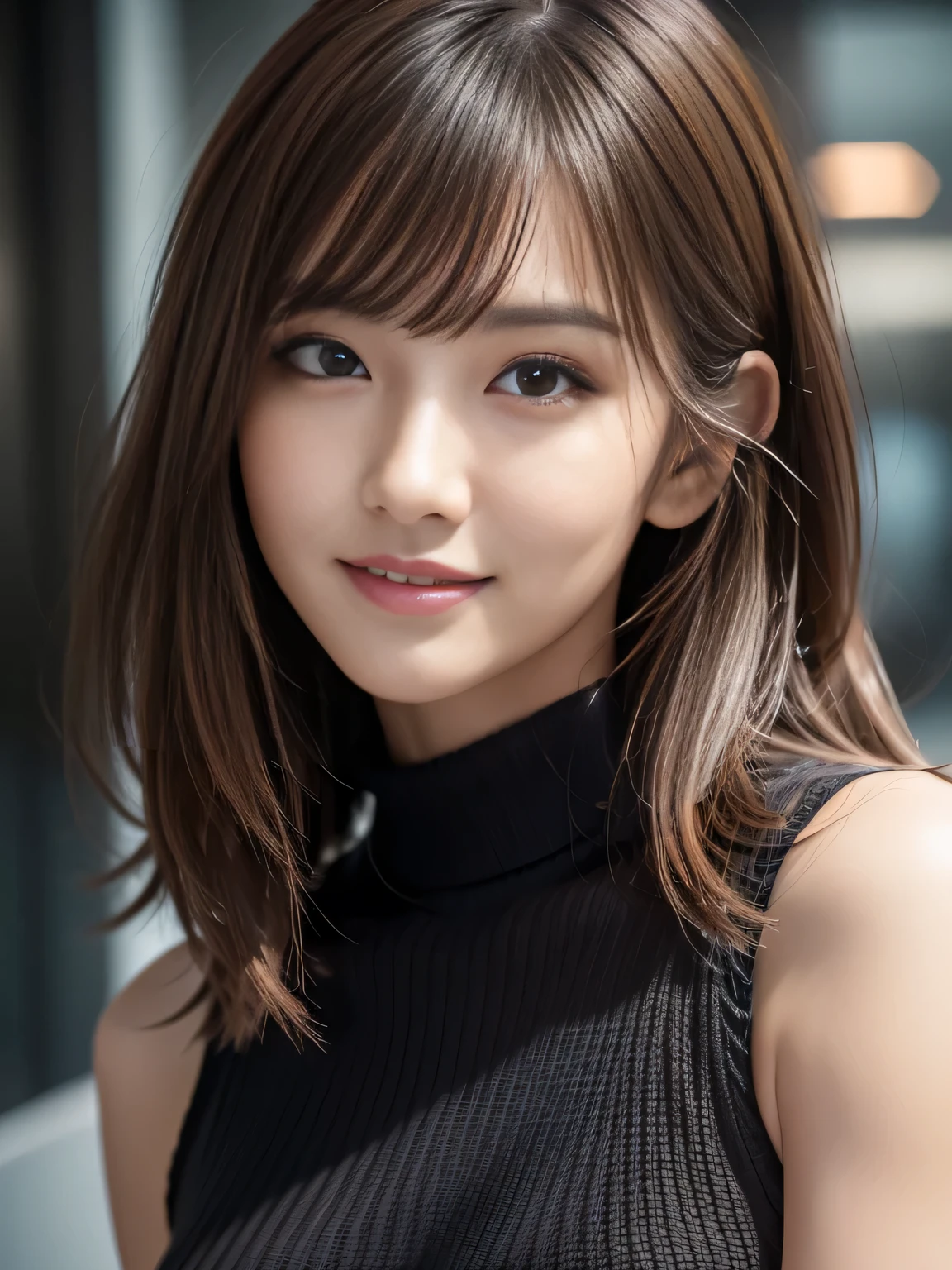 masterpiece, best quality, ultra-detailed, intricately detailed hyperdetailed, realistic, sharp features, highly detailed, sharp focus, Realistic, Photorealistic:1.3, (:1.5), perfect face, perfect symmetrically eyes, perfect full lips, hyper detailed, hyper realistic, high resolution, Fashion Model, Japanese Idol, Slender, brown hair, Stylish, model poses, Beautiful Face, light brown hair, messy hair, asymmetrical bangs, (seductive smile:1.2), (looking at viewer), cinematic lighting, grey background, (Black knit:1.2), portrait