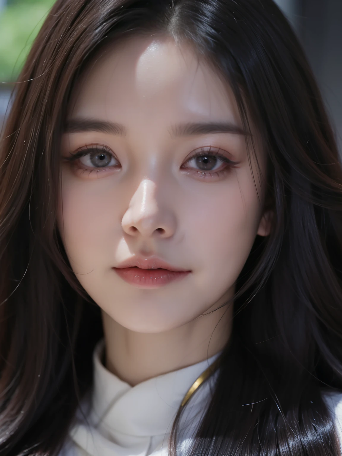 "A beautiful and charming young woman named Avril Lin, a trainee idol from a knowledge-based game. She has long hair styled in a hime cut, with most of her hair colored a deep purple, while some sections are lighter. Her eyes are warm and kind, reflecting her gentle and compassionate nature. She is dressed in an elegant, modern outfit that suits her idol persona, with subtle futuristic elements to match the game's theme. Avril stands confidently, exuding a natural grace and friendliness, with a backdrop hinting at a high-tech, vibrant world." super fine eyes, super fine face, super fine nose, super fine mouth, super fine fingers, super fine body, super fine hand, perfect body, golden ratio, good shape, muscular, super realistic, beautiful girl, asian girl, perfect idol.