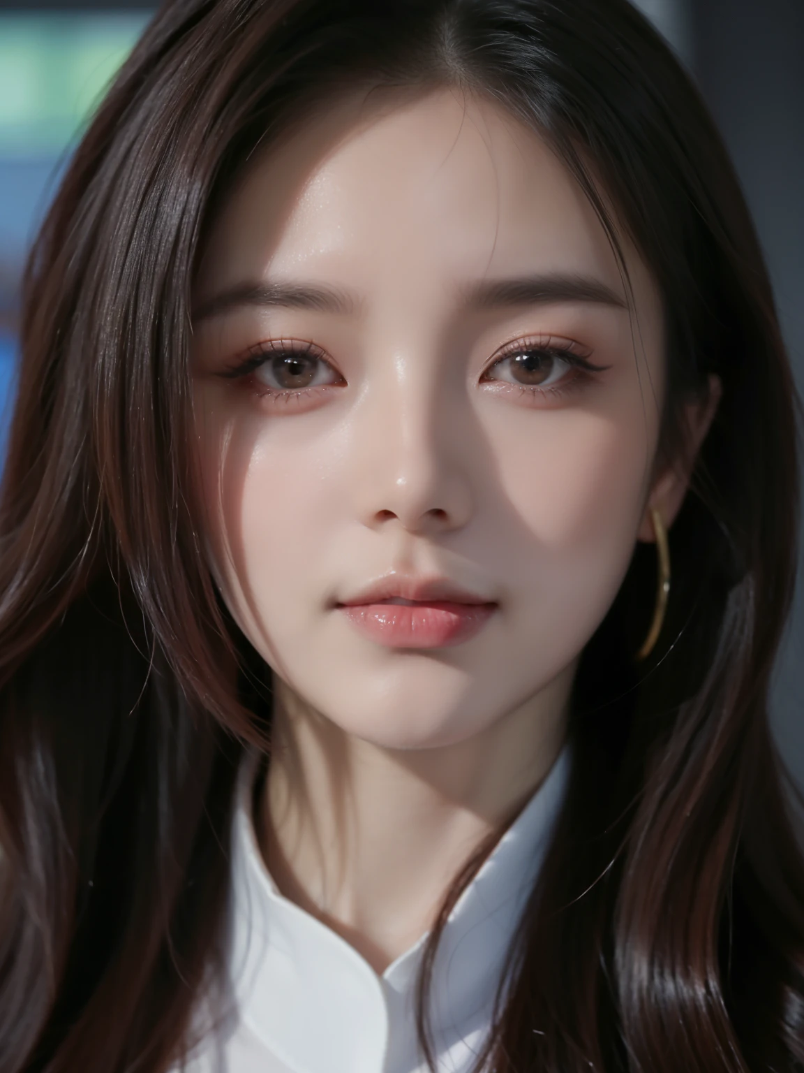 "A beautiful and charming young woman named Avril Lin, a trainee idol from a knowledge-based game. She has long hair styled in a hime cut, with most of her hair colored a deep purple, while some sections are lighter. Her eyes are warm and kind, reflecting her gentle and compassionate nature. She is dressed in an elegant, modern outfit that suits her idol persona, with subtle futuristic elements to match the game's theme. Avril stands confidently, exuding a natural grace and friendliness, with a backdrop hinting at a high-tech, vibrant world." super fine eyes, super fine face, super fine nose, super fine mouth, super fine fingers, super fine body, super fine hand, perfect body, golden ratio, good shape, muscular, super realistic, beautiful girl, asian girl, perfect idol.