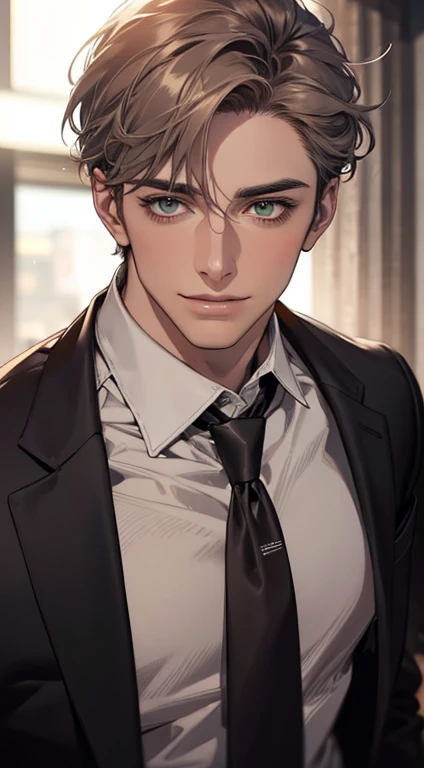 (Highest quality,4K,8K,High resolution,masterpiece:1.2),Super detailed,(Realistic,photoRealistic,photo-Realistic:1.37),1 person,34 years old,Mature Men,Beautiful skin、very handsome,Expressionless smile in love,Short gray redq hair,green eyes,Sharp Eyes,A perfect face without a doubt,Businessman, CEO, Office Background,Cinema Lighting,HDR image,tie、
