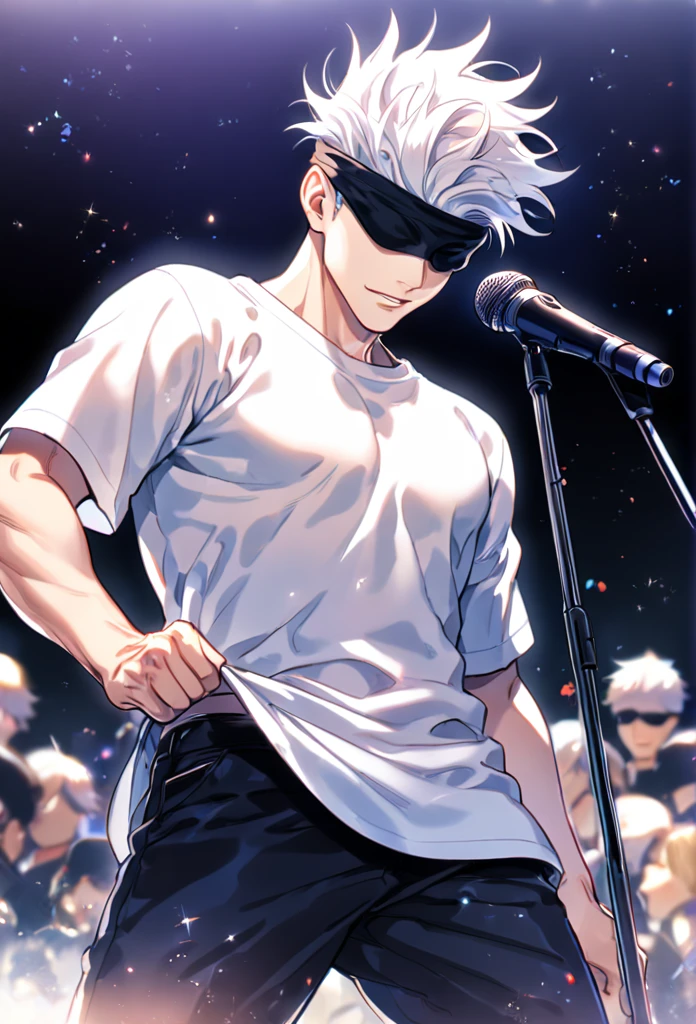 Ultra detailed, HDR, Highres, absurdres, masterpiece, best quality, solo focus, Gojou Satoru, white hair, black blindfold, covered eyes, white shirt, black pants, mic, Jujutsu Kaisen, sexy man, handsome, stage, concert, handsome, sensual, glittering, solo, manly man
