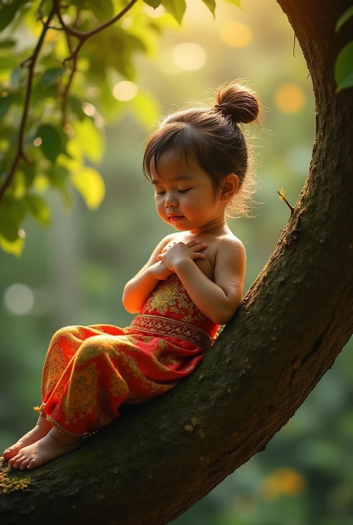 A tiny beautiful girl in Thai costumes hanging from a tree branch, sleeping with their hands covering their chests, with water droplets clinging to their bodies. Close-up, high-resolution, realistic, cinematic lighting, warm tones, 8k. Masterpiece.