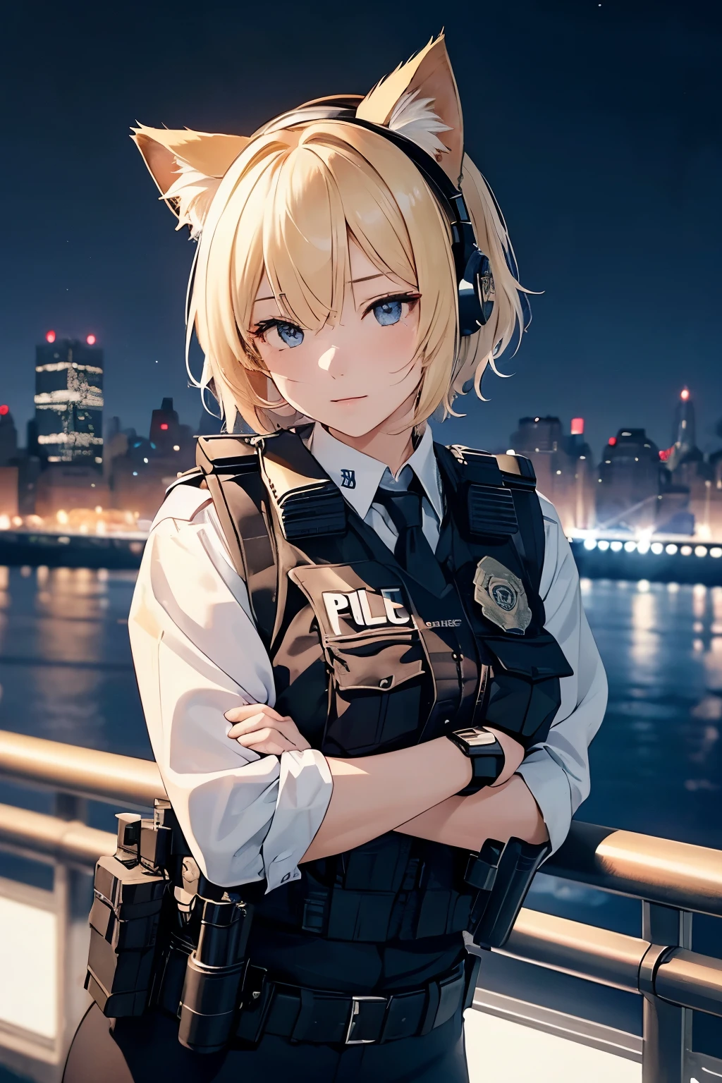 25-year-old woman(Police Officer)、messy blonde short hair、Cat ears、彼女の目は緑色でbeautiful、Black bulletproof vest、headset、cop uniform、new york night view background、Red and blue police lights、crime scene、High resolution, High detail, Active Pause、beautiful