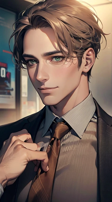 (Highest quality,4K,8K,High resolution,masterpiece:1.2),Super detailed,(Realistic,photoRealistic,photo-Realistic:1.37),1 person,34 years old,Mature Men,Beautiful skin、very handsome,Expressionless smile in love,Short gray brown hair,green eyes,Sharp Eyes,A perfect face without a doubt,Businessman, CEO, Office Background,Cinema Lighting,HDR image,tie、