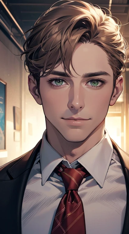 (Highest quality,4K,8K,High resolution,masterpiece:1.2),Super detailed,(Realistic,photoRealistic,photo-Realistic:1.37),1 person,34 years old,Mature Men,Beautiful skin、very handsome,Expressionless smile in love,Short gray brown hair,green eyes,Sharp Eyes,A perfect face without a doubt,Businessman, CEO, Office Background,Cinema Lighting,HDR image,tie、