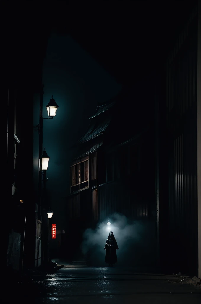 ghost men,独奏,dark hut,black eyes,(big eyes:1.2),horor,dark,curse,black hund,monster,dead,japanese horor style,hyper realistic,retro,1980s,break in the city,midnight,building,