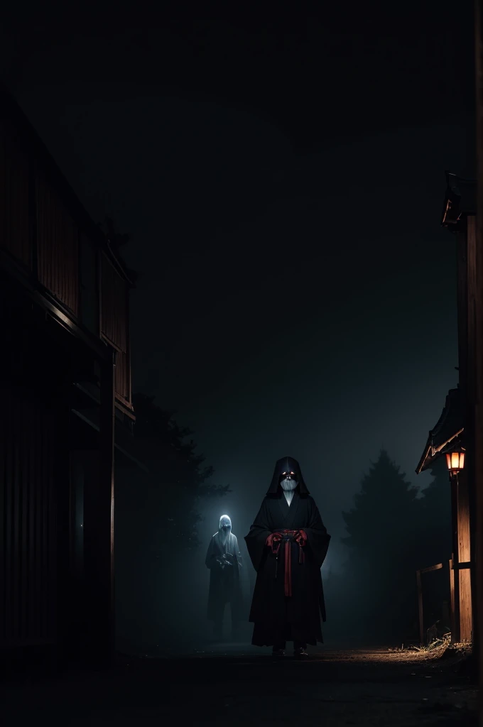 ghost men,独奏,dark hut,black eyes,(big eyes:1.2),horor,dark,curse,black hund,monster,dead,japanese horor style,hyper realistic,retro,1980s,break in the city,midnight,building,