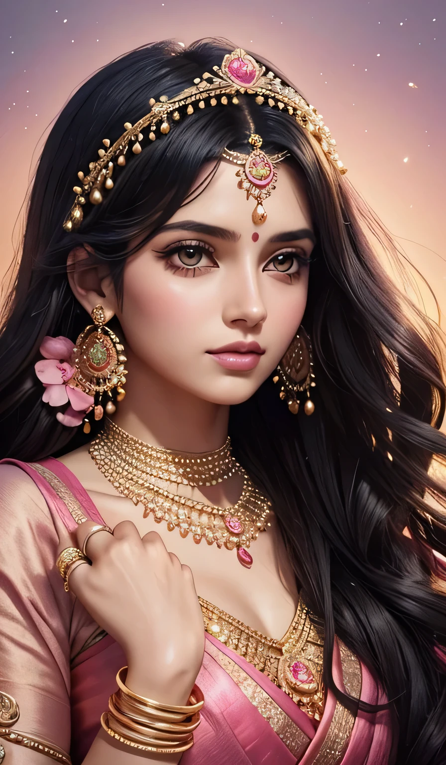 Goddess, very beautiful, animated style, closeup shot, anime in a yellow and pink combination indian saree, long black wavy hair untied, head jewellery, head clips, head chains, head tiara, necklace, long and beautiful earings, armlets, bangles and bracelets, rings, pleasant expression, bright big black eyes, holding a flower, natural beauty, vibrant colors, dreamy, northern light, pink bubble, romantic, soft lighting, vintage aesthetic