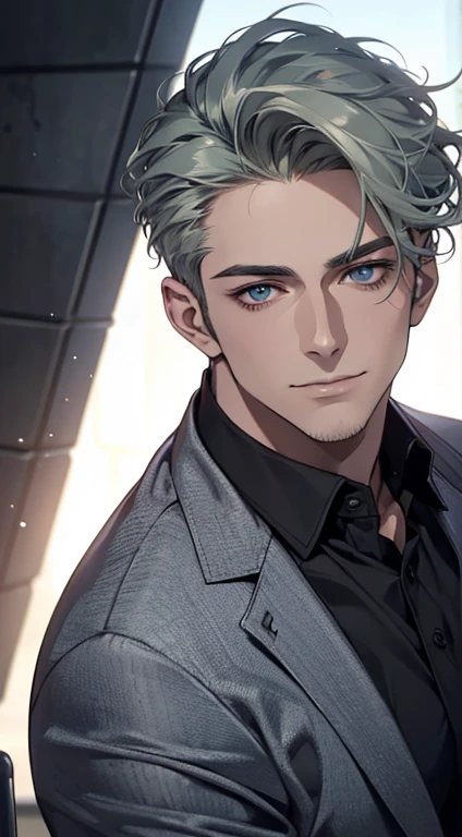 (best quality,4k,8k,highres,masterpiece:1.2),ultra-detailed,(realistic,photorealistic,photo-realistic:1.37),1 man,31 years old,mature man,very handsome,without expression,smile,short grey green hair,blue eyes,penetrating gaze,perfect face without errors,imposing posture,businessman,office background,cinematic lighting,hdr image