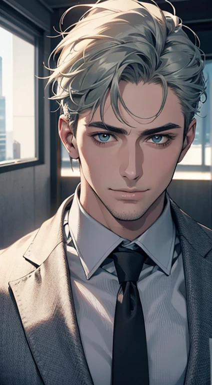 (best quality,4k,8k,highres,masterpiece:1.2),ultra-detailed,(realistic,photorealistic,photo-realistic:1.37),1 man,31 years old,mature man,very handsome,without expression,smile,short grey green hair,blue eyes,penetrating gaze,perfect face without errors,imposing posture,businessman,office background,cinematic lighting,hdr image