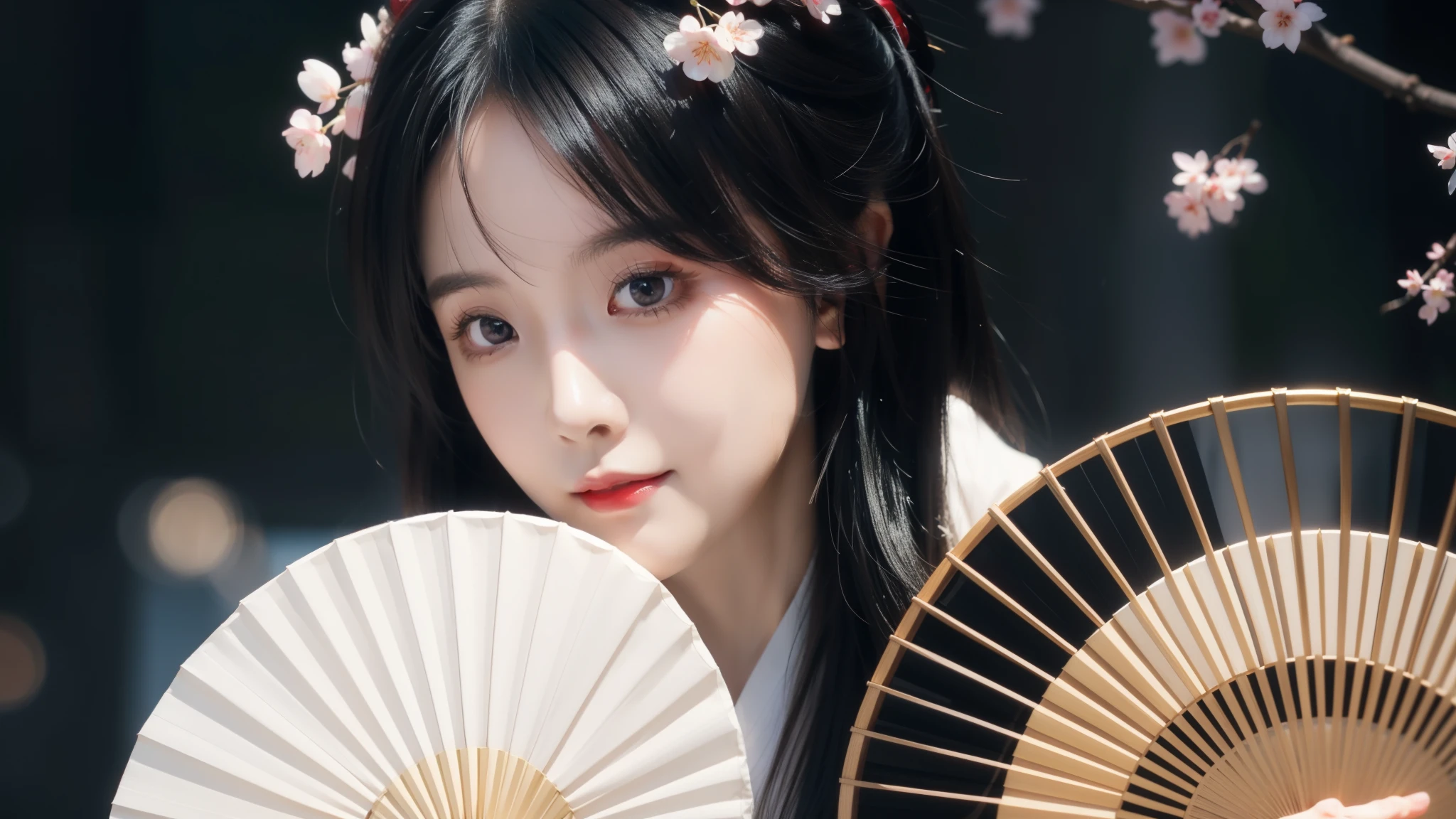 Realistic photos, Beautiful Eyes, Flowing black hair, Elegant kimono, Cherry blossom background, Traditional folding fan, Calm expression, Soft lighting, Traditional Japanese art style, Vibrant colors, Peaceful atmosphere, Delicate features, Graceful posture