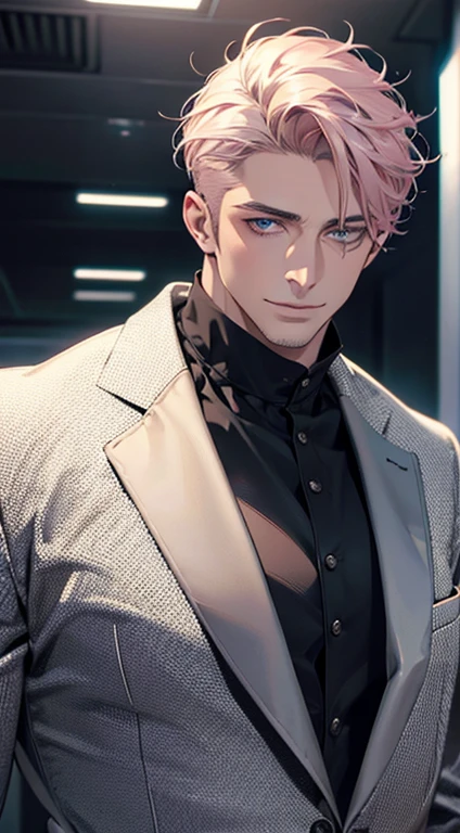 (best quality,4k,8k,highres,masterpiece:1.2),ultra-detailed,(realistic,photorealistic,photo-realistic:1.37),1 man,31 years old,mature man,very handsome,without expression,smile,short grey pink hair,blue eyes,penetrating gaze,perfect face without errors,imposing posture,businessman,office background,cinematic lighting,hdr image
