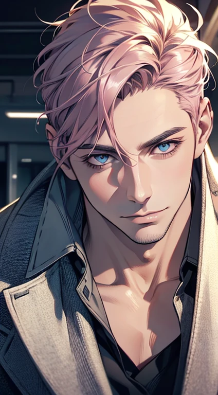(best quality,4k,8k,highres,masterpiece:1.2),ultra-detailed,(realistic,photorealistic,photo-realistic:1.37),1 man,31 years old,mature man,very handsome,without expression,smile,short grey pink hair,blue eyes,penetrating gaze,perfect face without errors,imposing posture,businessman,office background,cinematic lighting,hdr image